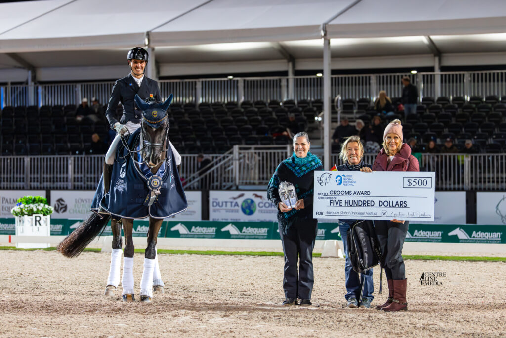 During Friday Night Stars in Week 5 of the 2026 Adequan® Global Dressage Festival in Wellington, Lisa was awarded The Horse of Course Grooms Award for her care of Servus Ymas. Photo ©Centre Line Media